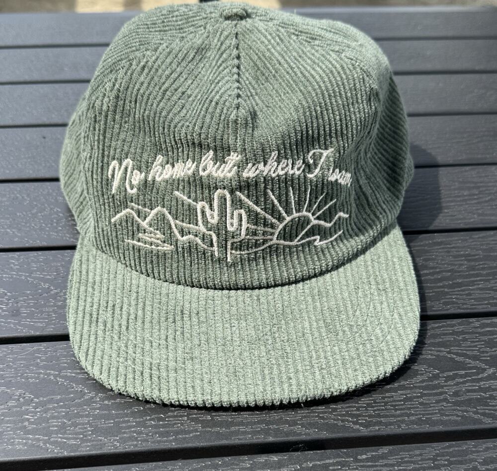 Stuntin Green Hat OS Corduroy Adjustable Snapback Cap “No Home But Where I Roam”
